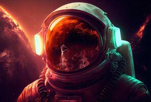 Portrait of astronaut with galaxy and starry planet in the infinity space. Science and Technology concept. Explorer and discovery concept. photo