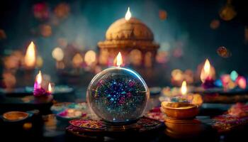 Diwali festival with colorful candles light and bokeh background. photo