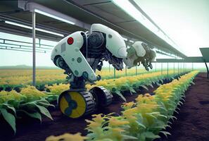 Robot farming harvesting agricultural products in greenhouse. Innovative futuristics technology and 5G smart farming concept. photo