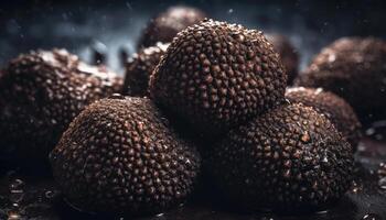 Close up of clean Black Truffle with water drop in dark black background. Fresh fruit and Vegetable concept. Nutrition and vitamin theme. photo