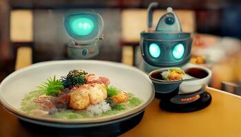 Food service robot in restaurant with Japanese food. Technology and business concept. photo
