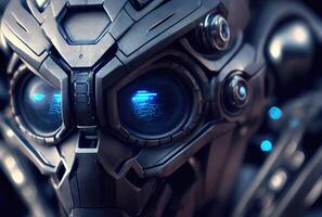 Closeup of blue robot eyes with metallic structure background. Technology and Innovation concept. photo