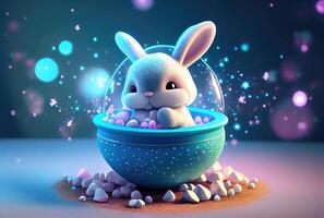 Cute rabbit bunny in the container. Magical fantasy concept. photo