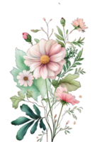 Aquarell Blumen- Strauß Illustration einstellen erröten Rosa Blau Gelb Blume Grün Blatt Blätter Geäst Blumen ai generativ png