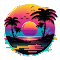 kleurrijk zonsondergang Aan de tropisch eiland. mooi oceaan strand met palmen en jacht illustratie ai generatief png