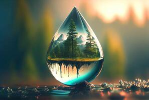 Water drop reflected with the green forest and the lake or waterfall background. World water day and Earth day concept. photo