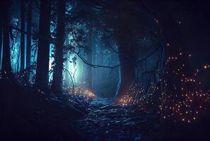 Dark spooky enchanted forest with glowing fairy light and fireflies. photo