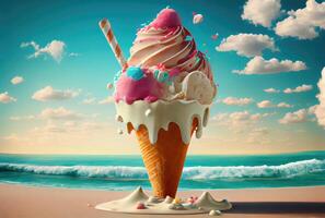 Ice cream cone with sweet toppings on beach sea and blue sky in summer background. Summer food and fun concept. Digital art illustration theme. photo