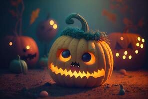 Cute Jack O Lantern pumpkins in the Halloween party at spooky black forest background. Horror and mystery concept. photo