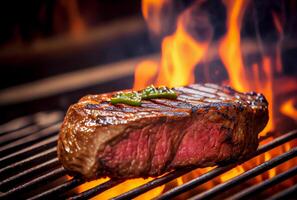 T-Bone steak or Porterhouse on grill with blazing fire flame. Food and cuisine concept. photo