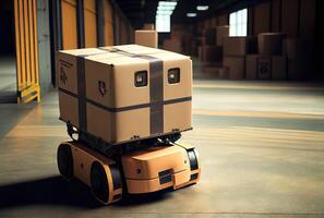 Robot AGV transporting cardboard box in warehouse background. Technology innovation and delivery concept. photo