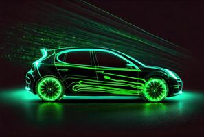 Modern car with green light trail as speed and energy power on black dark background. Transportation and innovation concept. photo