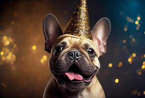 Portrait of cute happy French Bulldog in the celebration party with bokeh light and confetti in the dark background. photo