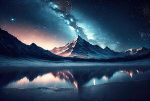 Starry night landscape with mountain and milky way sky background. Beauty in nature and Astrology science concept. Digital art fantasy illustration. photo