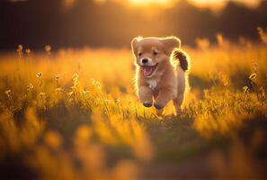 Happy cute puppet Golden Retriever dog running in the meadow on golden sunlight background. photo