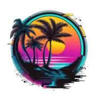 vistoso puesta de sol en el tropical isla. hermosa Oceano playa con palmas y yate ilustración ai generativo png