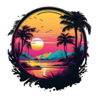 colorida pôr do sol em a tropical ilha. lindo oceano de praia com Palmeiras e iate ilustração ai generativo png