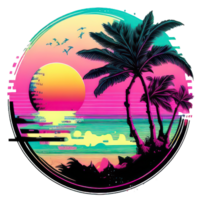 Colorful sunset on the tropical island. Beautiful ocean beach with palms and yacht illustration png