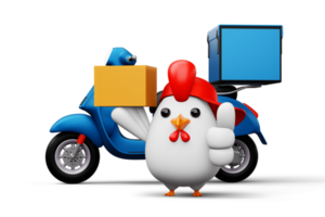 Cute chicken holding a parcel box, delivery chicken, 3d rendering png