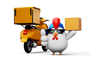 Cute chicken holding a parcel box, delivery chicken, 3d rendering png