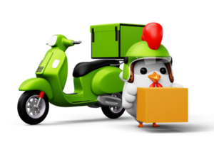 Cute chicken holding a parcel box, delivery chicken, 3d rendering png