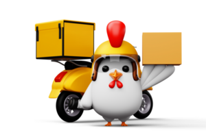 Cute chicken holding a parcel box, delivery chicken, 3d rendering png