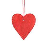 Hanging red wooden heart. Christmas ornament isolated on transparent background. Stock photo png