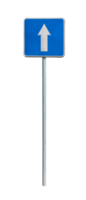 Blue traffic sign one way with metal post. png