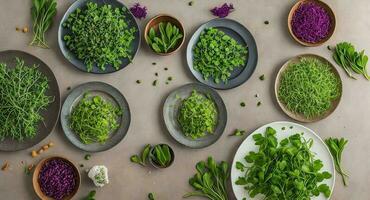 different types of microgreens lie in plates. ai generation photo