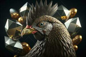 A black bright chicken with a golden beak against the background of titanium gems and golden eggs. ai generation photo