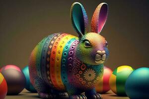 Easter colorful rabbit in various shapes with bright multi-colored eggs around. ai generation photo