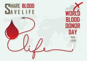 The day and name of World Blood Donor Day campaign in blood bag shape with red ribbon and transfusion set make a life letters to blood droplet with slogan on world map and light brown background. vector