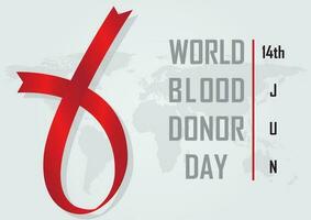 Concept symbol of Give blood like a gift to life in red ribbon make a blood droplet shape with the day and name of World Blood Donor Day on world map and light brown background. vector