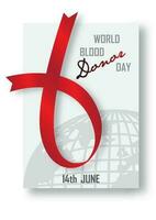 Big red ribbon of World Blood Donor Day campaign with the day and name's letters of event on crop of earth icon and light brown background. - vector