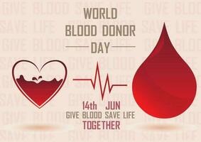 Concept symbol of share blood to save life float on floor with the day and name of World Blood Donor Day with slogan isolate on pink letters and background. All in campaign poster vector design.