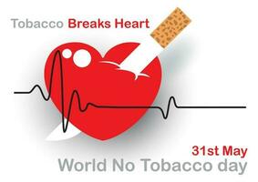 Image of heart rate line or pulse with cigarette in knife shape stab on big red heart with slogan of World Tobacco Day campaign and the day of event on corner on white background. vector