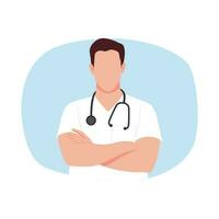A doctor with a stethoscope around his neck is standing in front of a blue background vector