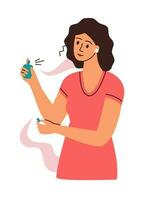 Woman applies perfume. Pleasant aroma spreads around. Vector illustration.