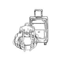Hand drawn sketch of suitcase and camping backpack. Vintage vector illustration isolated on white background. Doodle drawing.