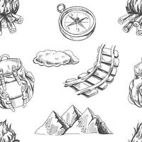 Hand drawn sketch seamless pattern  of camping  icons. Tourism and camping adventure icons. Mountains, campfire, backpack, binoculars, compass, tent vector