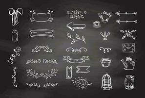 Simple sketch . Doodle cute ink pen line vintage elements isolated on chalkboard  background. Doodle arrows, bow, garden tools, floral elements, leaves, decoration symbols,  icon set. vector