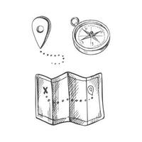 Hand drawn sketch of retro compass, geolocation mark and paper map. Vintage vector illustration isolated on white background. Doodle drawing.