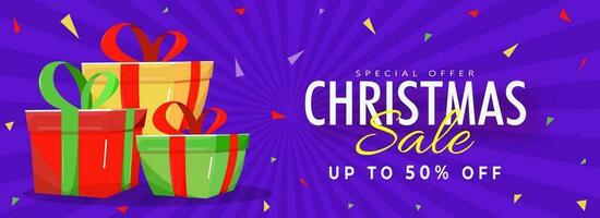 Christmas Sale Header or Banner Design With Discount Offer and Gift Boxes on Purple Rays Background. vector