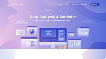 Web banner or landing page design with digital computer and multiple infographics screen on abstract background for Data Analysis Statistics concept. vector