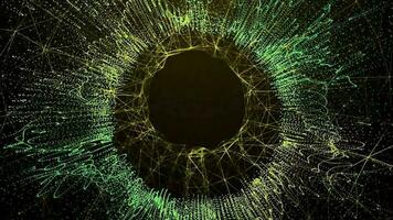 Abstract green yellow light particle motion black hole on dark tone background 3d rendering video