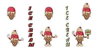 A set of ice cream in a bright cartoon style of Groovy. Ice cream vector in pleasant colors. isolated on a white background.