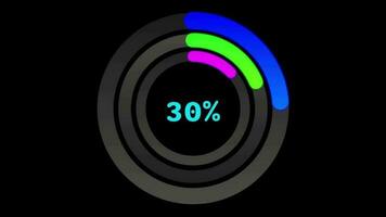 läser in bar laddar ner framsteg animering Flerfärgad överföra 0-100 på svart bakgrund. video