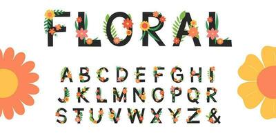 Floral english alphabet. Set of letters with flowers, leaves and branches. Colorful latin font. Vector flat illustration isolated on white