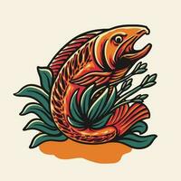 Fish and Flowers Nature Summer Vector Retro Illustration