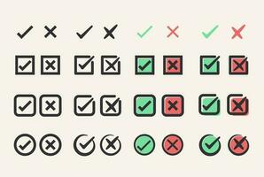 CHECK MARK AND CROSS ICON SET. CIRCLE AND SQUARE ICON VECTOR ILLUSTRATION